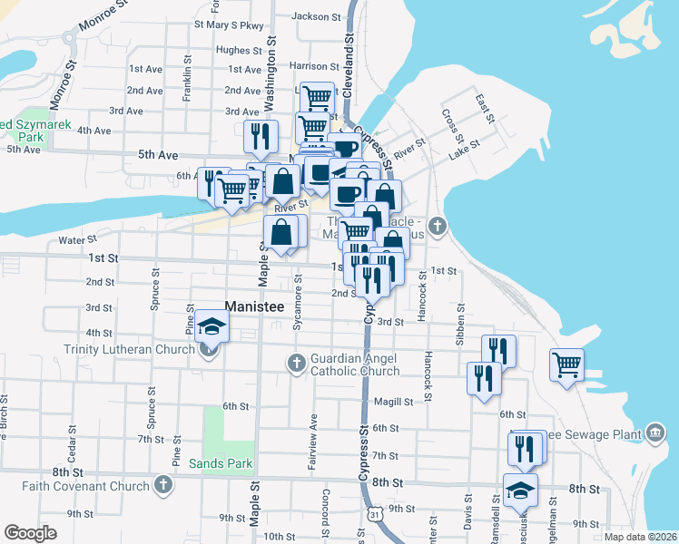 map of restaurants, bars, coffee shops, grocery stores, and more near 106 Walnut Street in Manistee