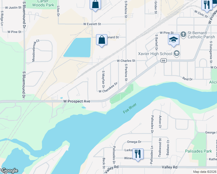 map of restaurants, bars, coffee shops, grocery stores, and more near 2237 West Cherokee Drive in Appleton