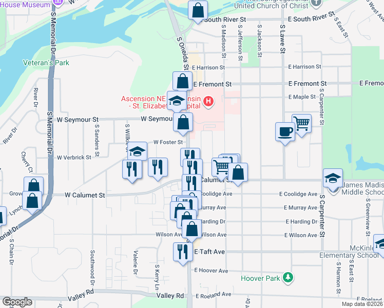 map of restaurants, bars, coffee shops, grocery stores, and more near 1822 South Oneida Street in Appleton