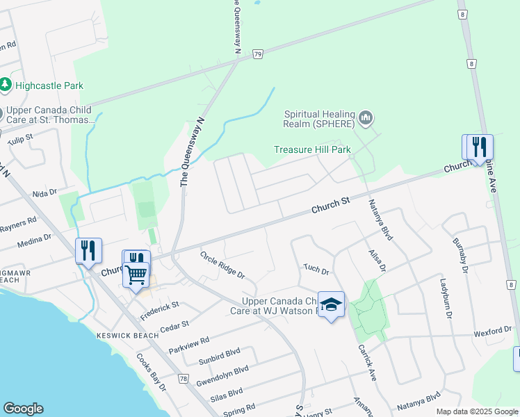 map of restaurants, bars, coffee shops, grocery stores, and more near 237 Danny Wheeler Boulevard in Georgina