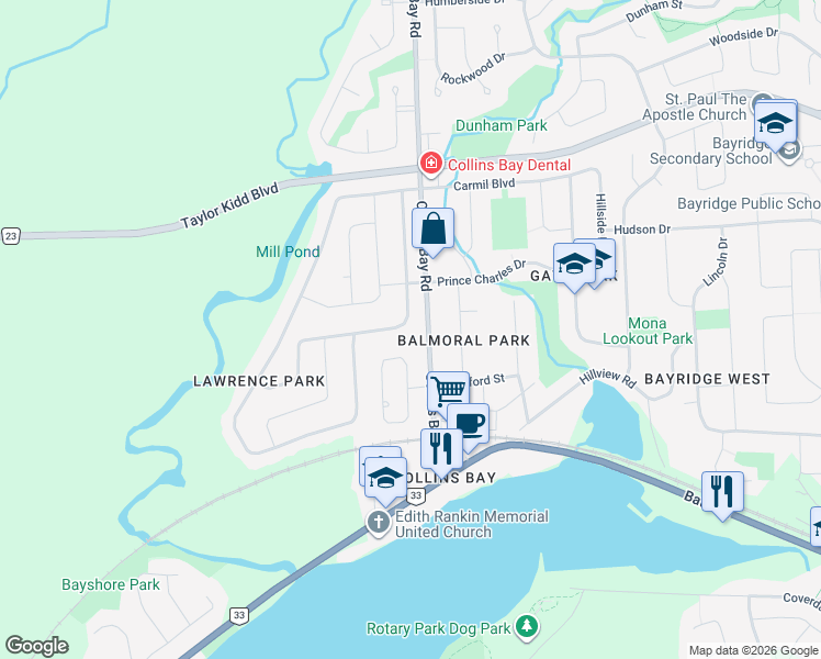 map of restaurants, bars, coffee shops, grocery stores, and more near 1325 Waverley Crescent in Kingston