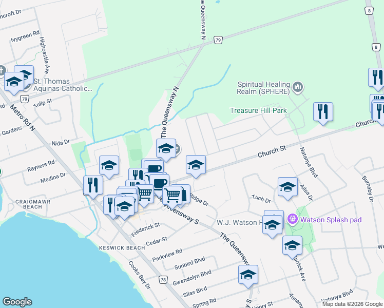 map of restaurants, bars, coffee shops, grocery stores, and more near 278 Danny Wheeler Boulevard in Georgina