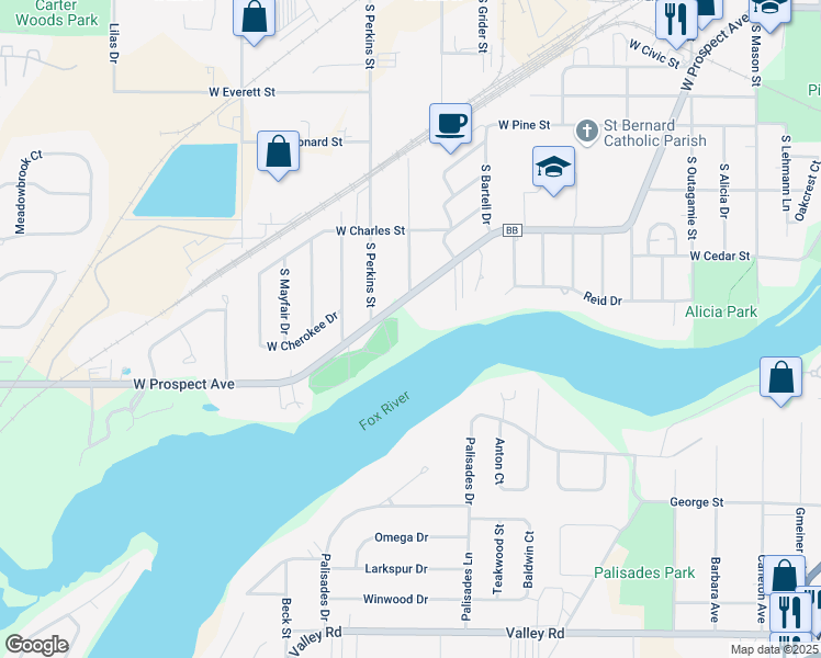 map of restaurants, bars, coffee shops, grocery stores, and more near 2115 West Prospect Avenue in Appleton