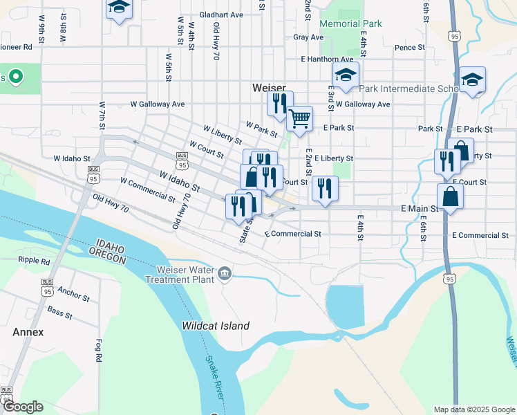 map of restaurants, bars, coffee shops, grocery stores, and more near 6 East Idaho Street in Weiser
