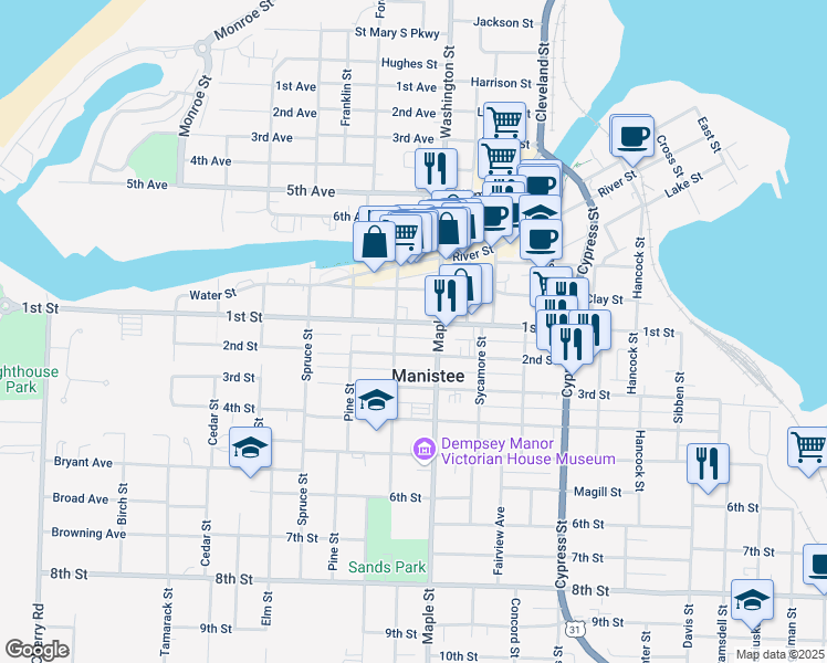 map of restaurants, bars, coffee shops, grocery stores, and more near 415 1st Street in Manistee