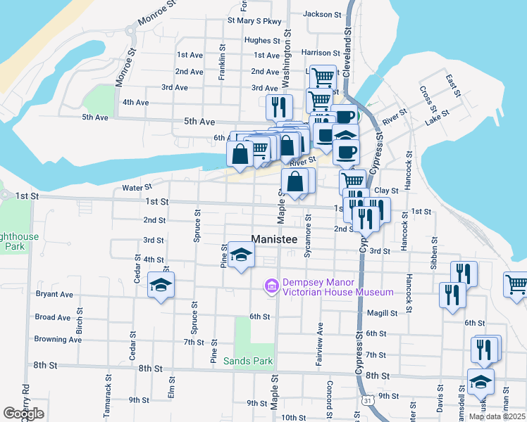 map of restaurants, bars, coffee shops, grocery stores, and more near 415 1st Street in Manistee