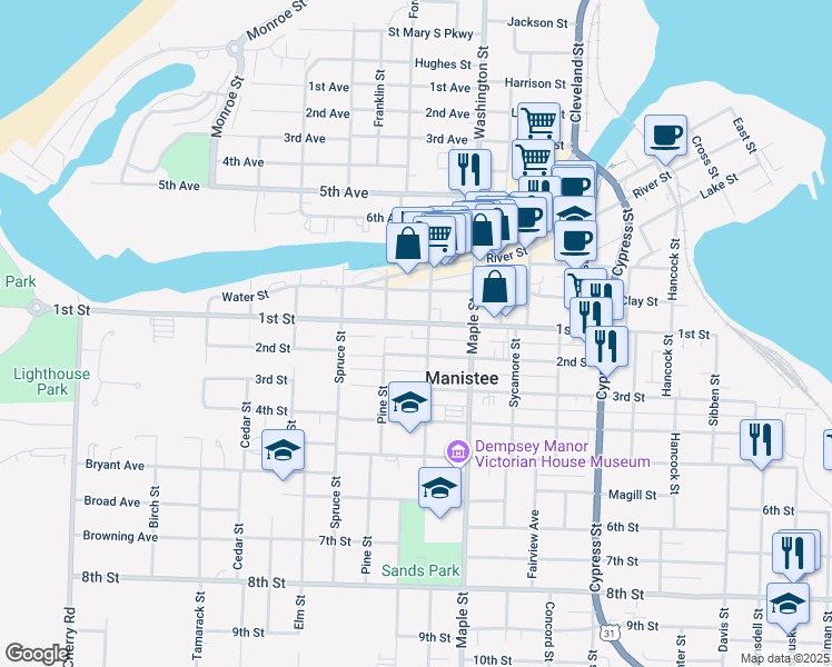 map of restaurants, bars, coffee shops, grocery stores, and more near 438-448 2nd Street in Manistee