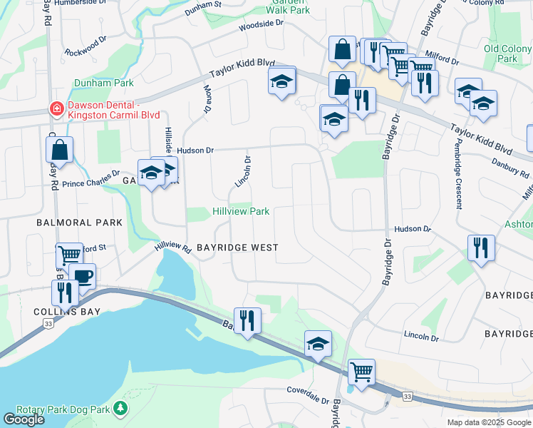 map of restaurants, bars, coffee shops, grocery stores, and more near 707 Carnaby Street in Kingston