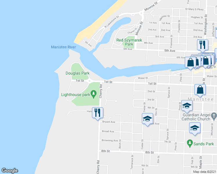 map of restaurants, bars, coffee shops, grocery stores, and more near 242 Lighthouse Way North in Manistee