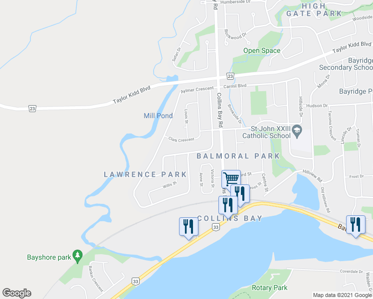 map of restaurants, bars, coffee shops, grocery stores, and more near 1344 Waverley Crescent in Kingston