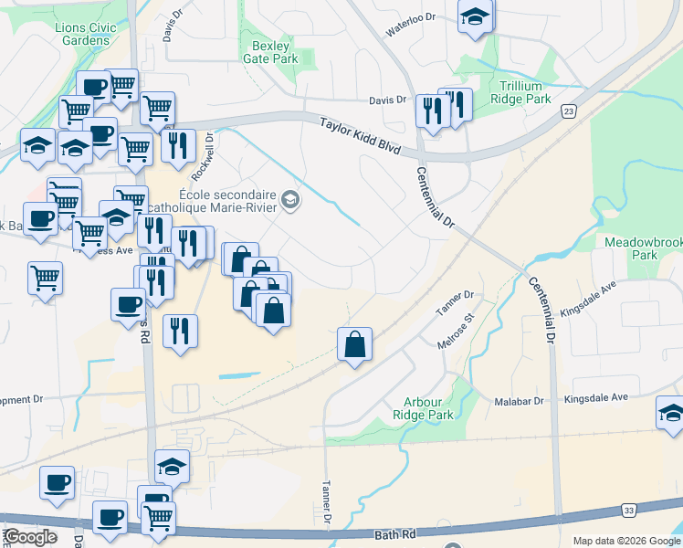 map of restaurants, bars, coffee shops, grocery stores, and more near 1249 Wheathill Street in Kingston