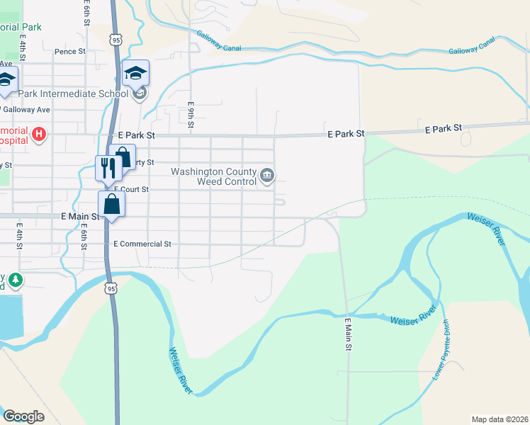 map of restaurants, bars, coffee shops, grocery stores, and more near 1119 East Main Street in Weiser