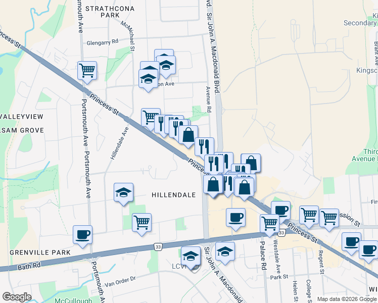 map of restaurants, bars, coffee shops, grocery stores, and more near 1181 Princess Street in Kingston