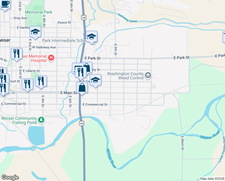 map of restaurants, bars, coffee shops, grocery stores, and more near 909 East Main Street in Weiser