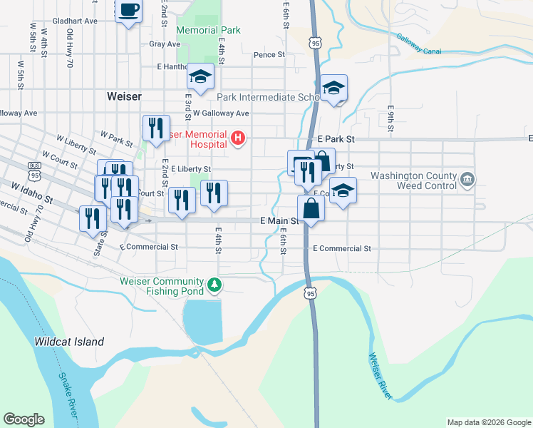 map of restaurants, bars, coffee shops, grocery stores, and more near 513 East Main Street in Weiser