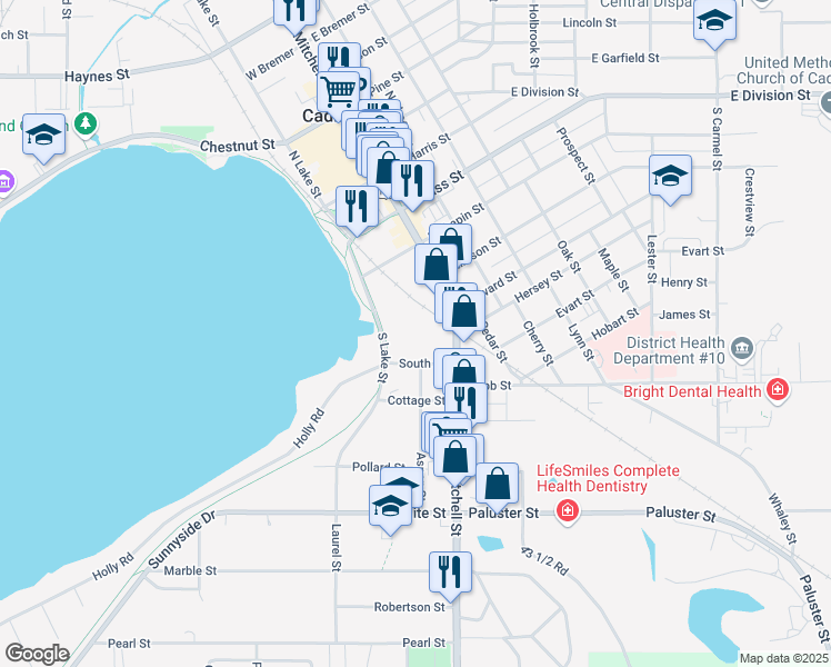 map of restaurants, bars, coffee shops, grocery stores, and more near 602 South Mitchell Street in Cadillac
