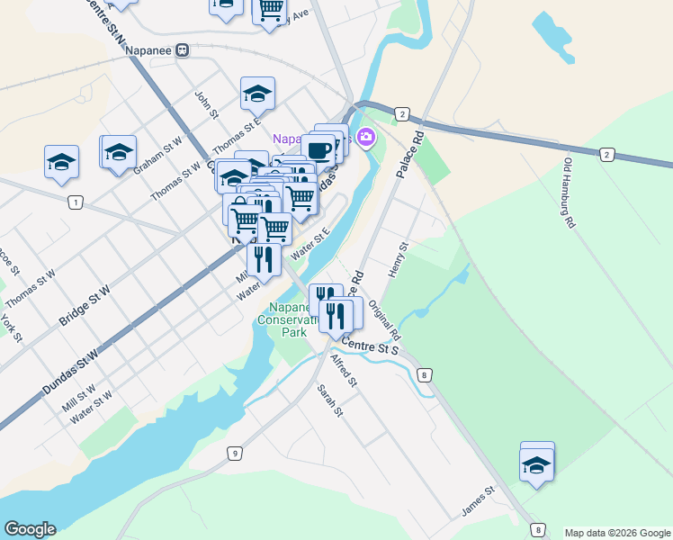 map of restaurants, bars, coffee shops, grocery stores, and more near 11 Centre Street South in Greater Napanee