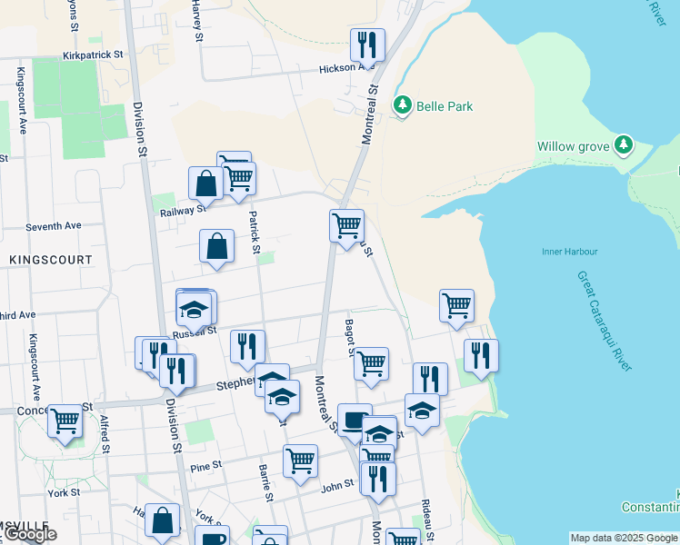 map of restaurants, bars, coffee shops, grocery stores, and more near 525 Montreal Street in Kingston