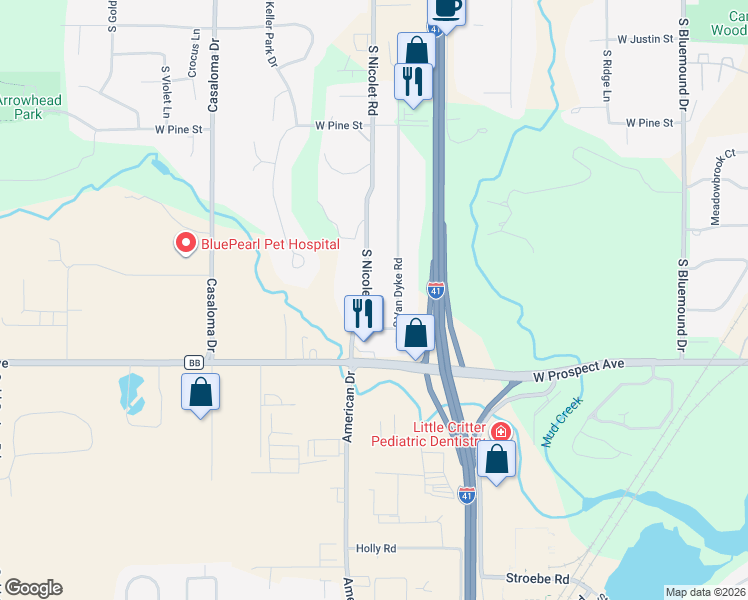 map of restaurants, bars, coffee shops, grocery stores, and more near 1831 South Van Dyke Road in Appleton