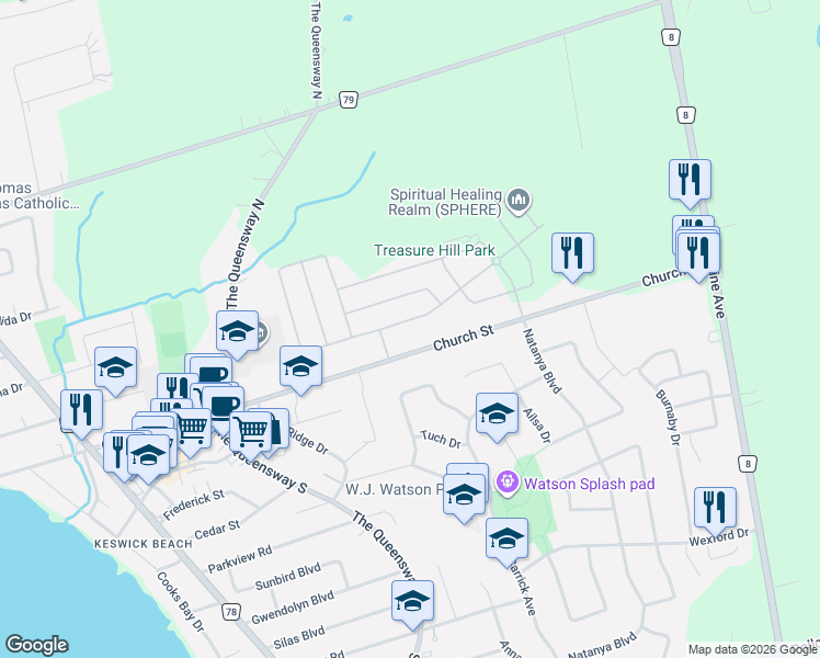 map of restaurants, bars, coffee shops, grocery stores, and more near 124 Church Street in Georgina