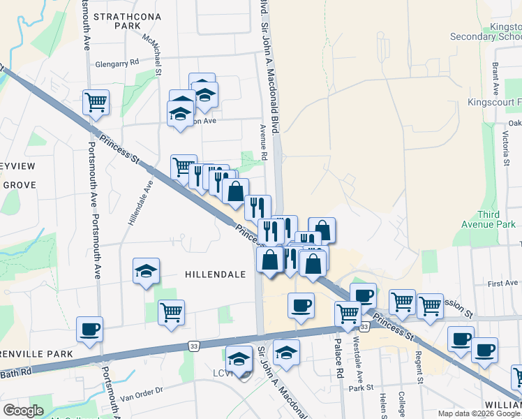map of restaurants, bars, coffee shops, grocery stores, and more near 1129 Princess Street in Kingston
