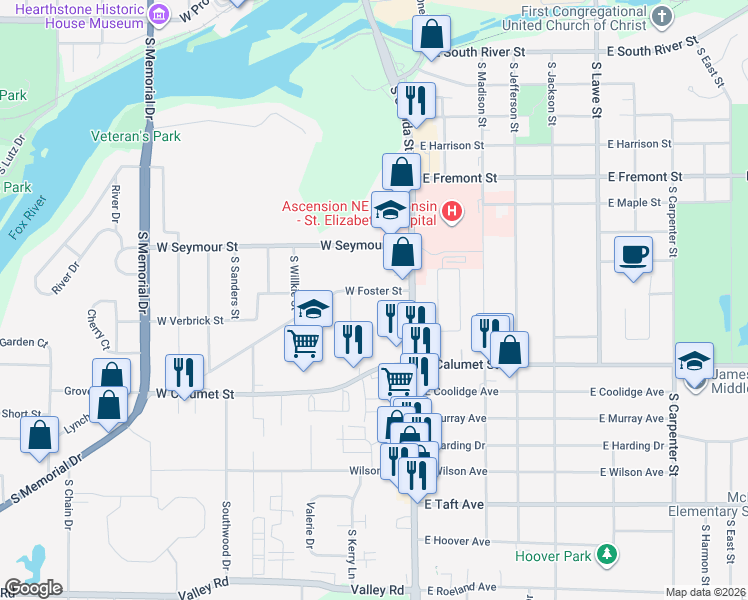 map of restaurants, bars, coffee shops, grocery stores, and more near 52 Foster Court in Appleton