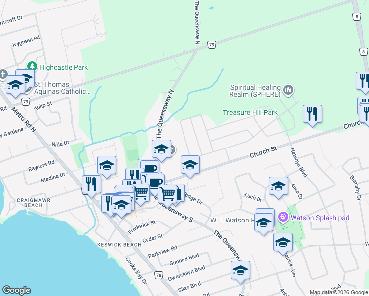 map of restaurants, bars, coffee shops, grocery stores, and more near 286 Danny Wheeler Boulevard in Georgina