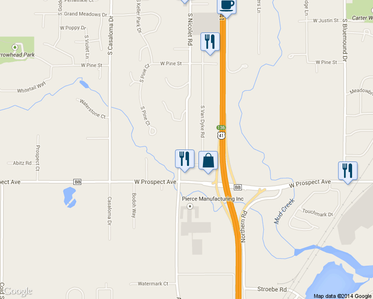 map of restaurants, bars, coffee shops, grocery stores, and more near 1227 South Nicolet Road in Appleton