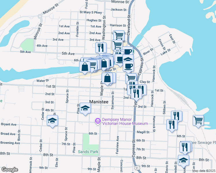 map of restaurants, bars, coffee shops, grocery stores, and more near 101-199 Maple St in Manistee