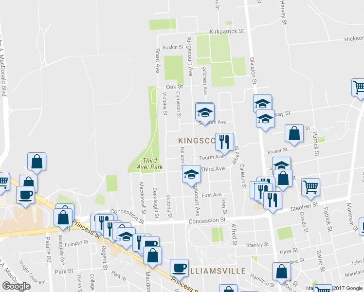 map of restaurants, bars, coffee shops, grocery stores, and more near 488 Nelson Street in Kingston