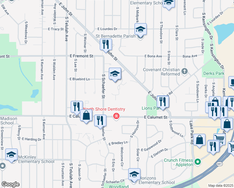 map of restaurants, bars, coffee shops, grocery stores, and more near 2121 East Emmers Drive in Appleton