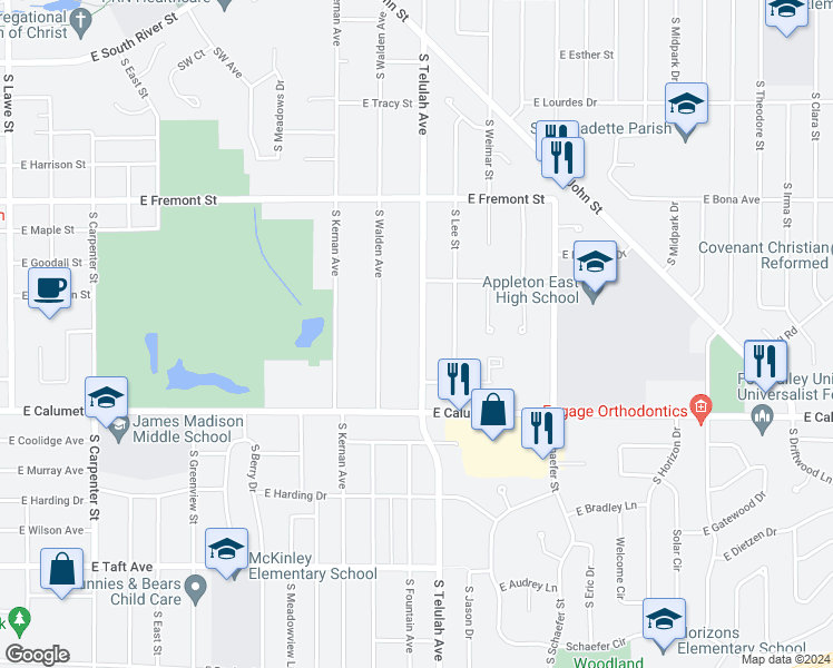map of restaurants, bars, coffee shops, grocery stores, and more near 1801 South Telulah Avenue in Appleton