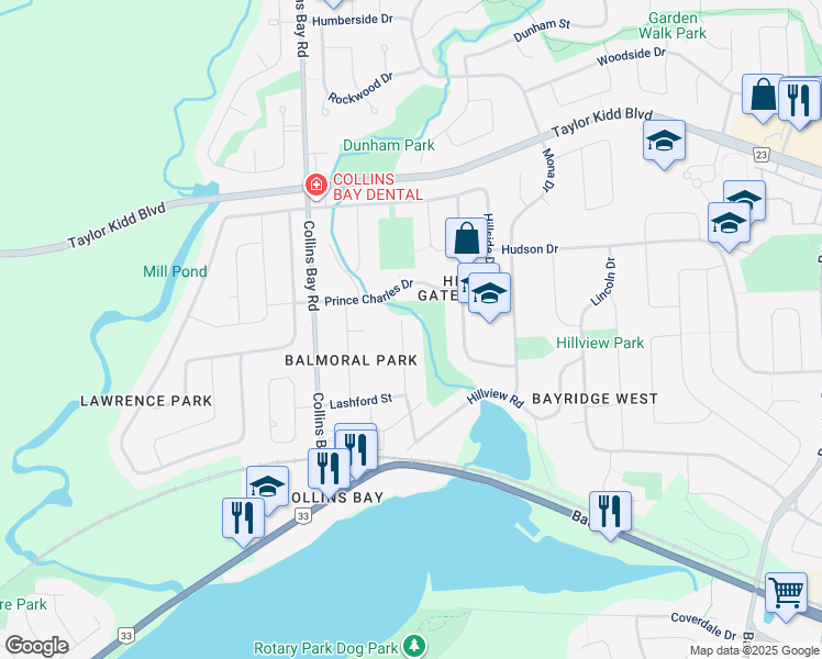 map of restaurants, bars, coffee shops, grocery stores, and more near 712 Centre Street in Kingston