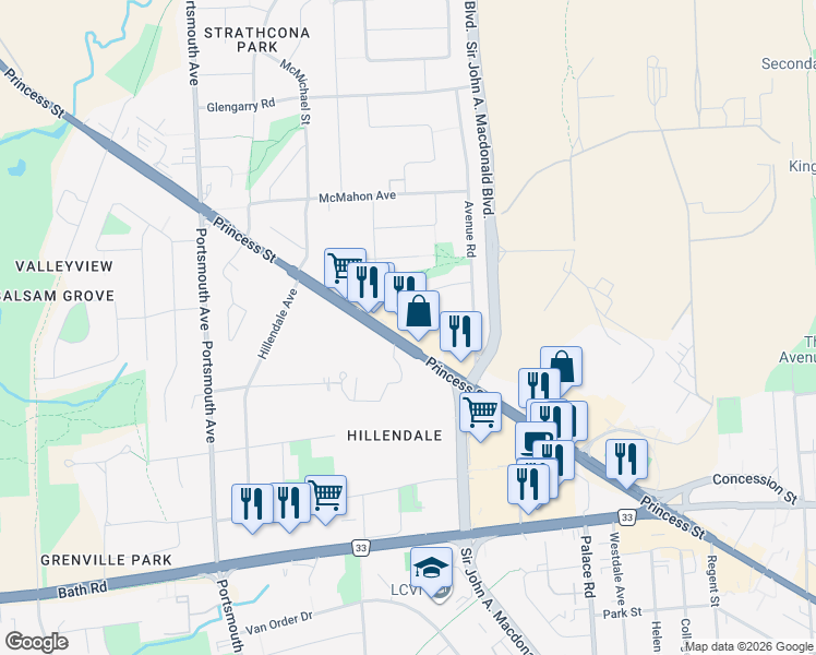 map of restaurants, bars, coffee shops, grocery stores, and more near 1181 Princess Street in Kingston