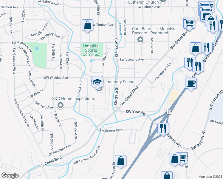 map of restaurants, bars, coffee shops, grocery stores, and more near 3252 Southwest 28th Street in Redmond