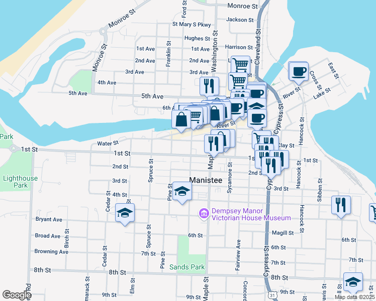 map of restaurants, bars, coffee shops, grocery stores, and more near 414 Water Street in Manistee