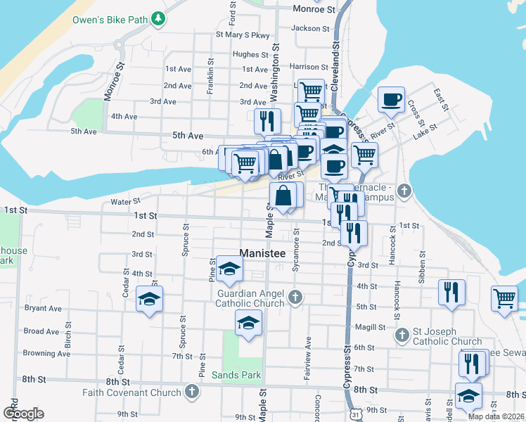map of restaurants, bars, coffee shops, grocery stores, and more near 383-397 River Street in Manistee