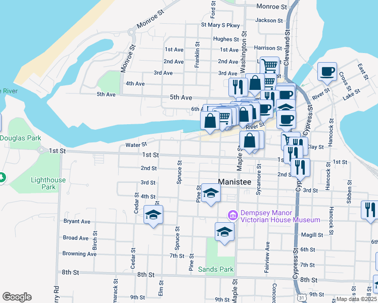 map of restaurants, bars, coffee shops, grocery stores, and more near 458 1st Street in Manistee