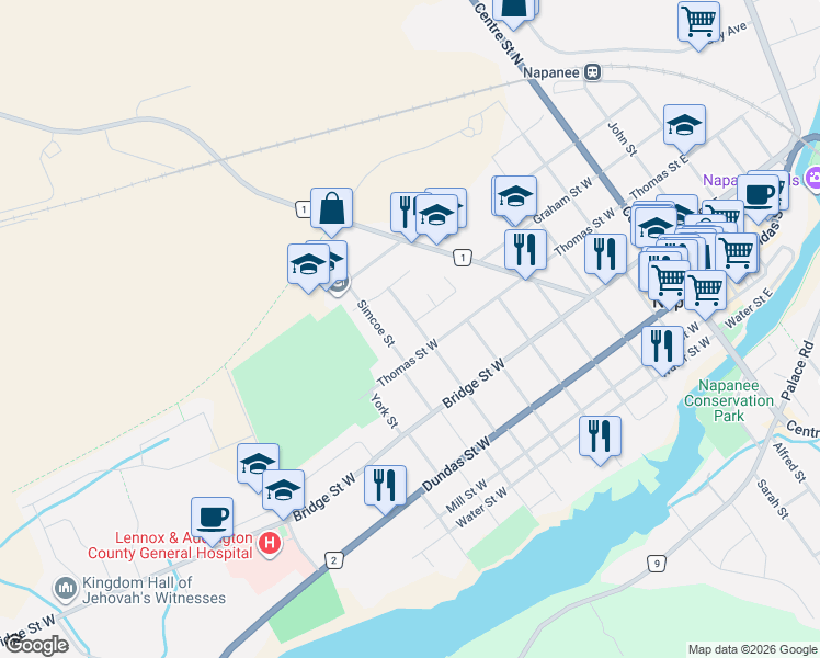 map of restaurants, bars, coffee shops, grocery stores, and more near in Napanee