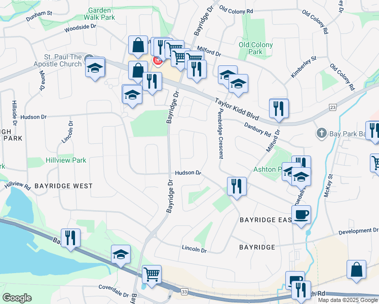 map of restaurants, bars, coffee shops, grocery stores, and more near 687 Harrow Place in Kingston
