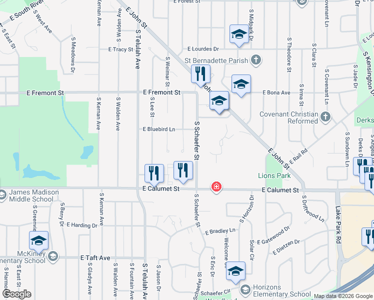 map of restaurants, bars, coffee shops, grocery stores, and more near 1717 South Schaefer Street in Appleton