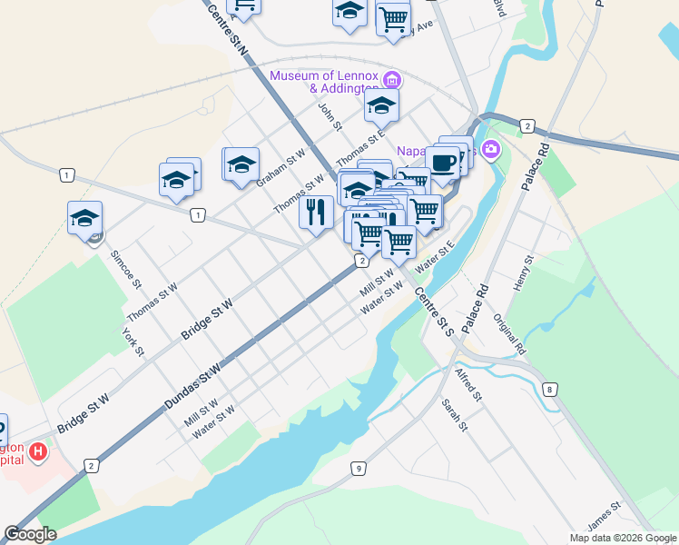 map of restaurants, bars, coffee shops, grocery stores, and more near 55 Dundas Street West in Napanee