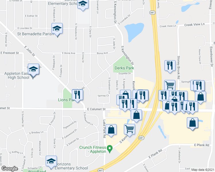 map of restaurants, bars, coffee shops, grocery stores, and more near 1809 South Sundown Lane in Appleton
