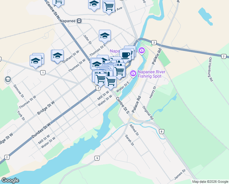 map of restaurants, bars, coffee shops, grocery stores, and more near 59 Centre Street North in Napanee