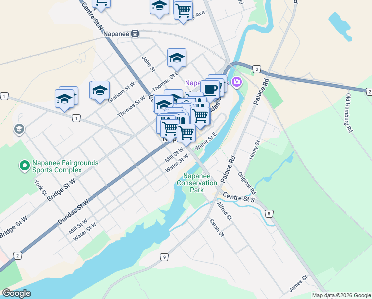 map of restaurants, bars, coffee shops, grocery stores, and more near 0 Mill Street West in Greater Napanee
