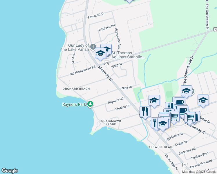map of restaurants, bars, coffee shops, grocery stores, and more near 4 Bay Court in Georgina