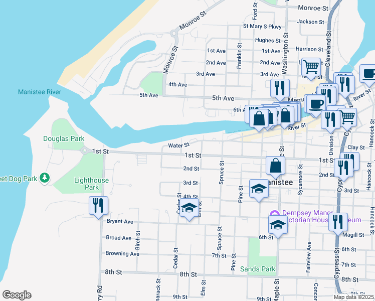 map of restaurants, bars, coffee shops, grocery stores, and more near Water Street in Manistee