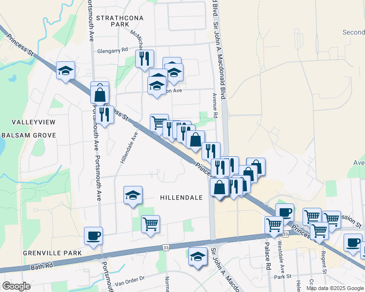 map of restaurants, bars, coffee shops, grocery stores, and more near 1187 Princess Street in Kingston