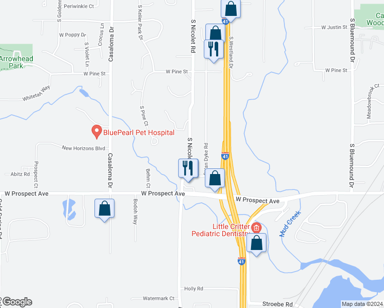 map of restaurants, bars, coffee shops, grocery stores, and more near 1612 South Nicolet Road in Appleton