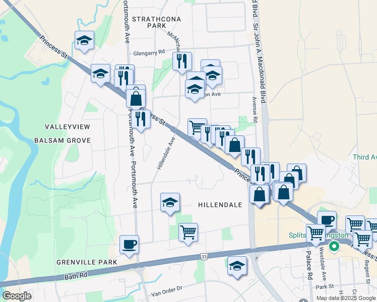 map of restaurants, bars, coffee shops, grocery stores, and more near 1254 Kingston 2 in Kingston